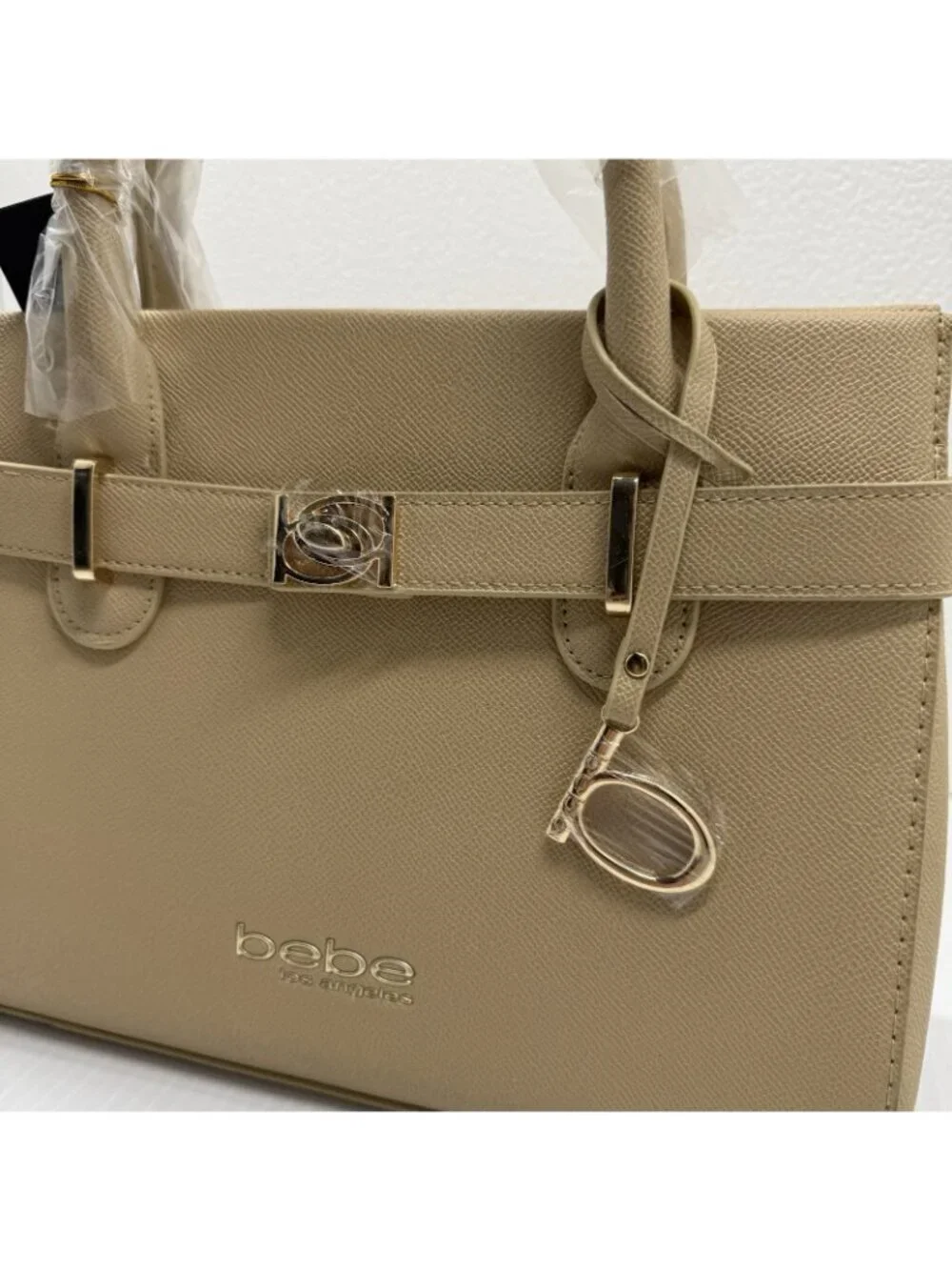 Bebe Evie Satchel NWT Beige Saffiano Gold Turn Lock Crossbody Handbag Work